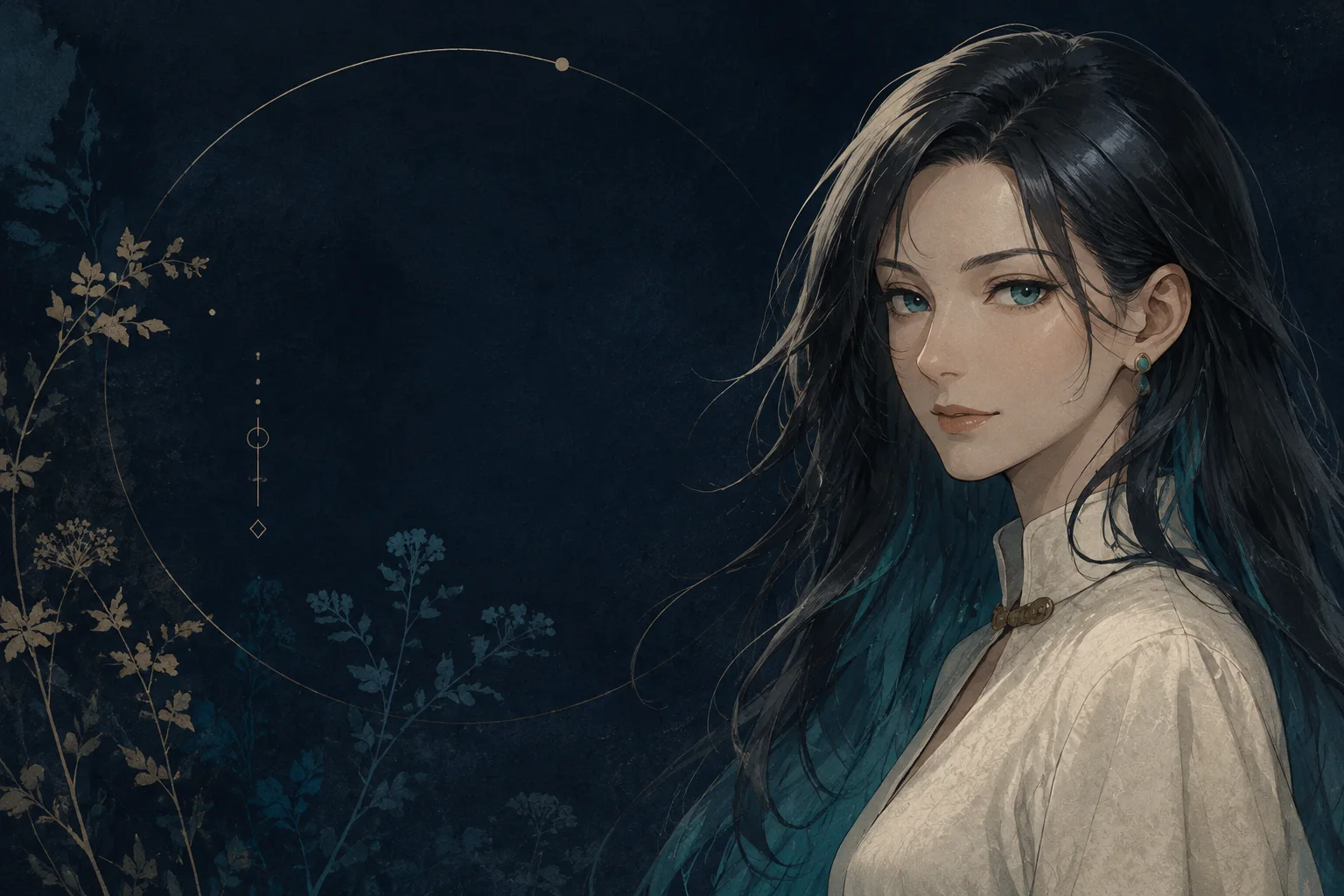 An editorial portrait of Herma against an ink-blue night garden with botanical and orbital details.