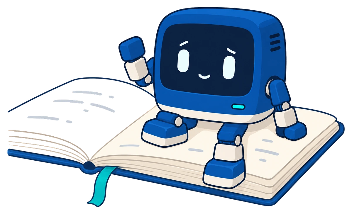Herma in her square blue familiar form, with a screen face and blocky limbs, waving from an open notebook.